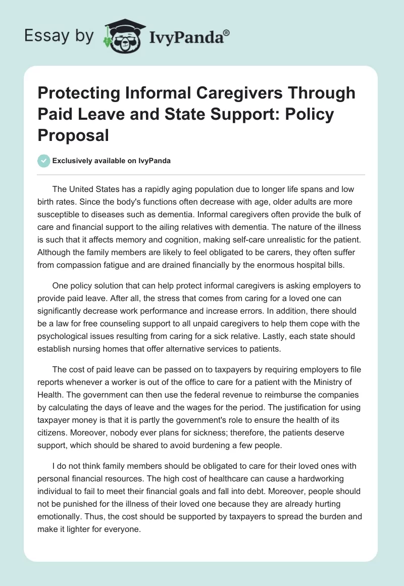 Protecting Informal Caregivers Through Paid Leave and State Support: Policy Proposal. Page 1