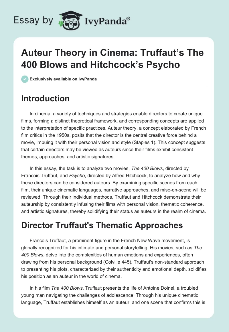 Auteur Theory in Cinema: Truffaut’s The 400 Blows and Hitchcock’s Psycho. Page 1