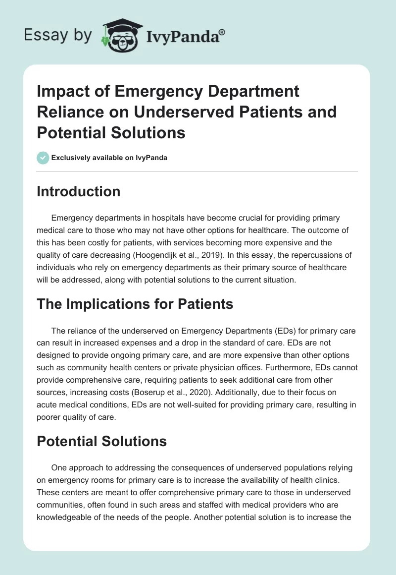 Impact of Emergency Department Reliance on Underserved Patients and Potential Solutions. Page 1