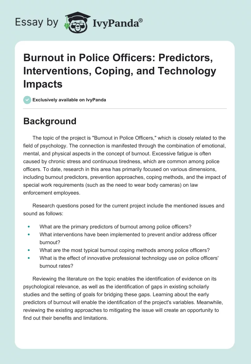 Burnout in Police Officers: Predictors, Interventions, Coping, and Technology Impacts. Page 1