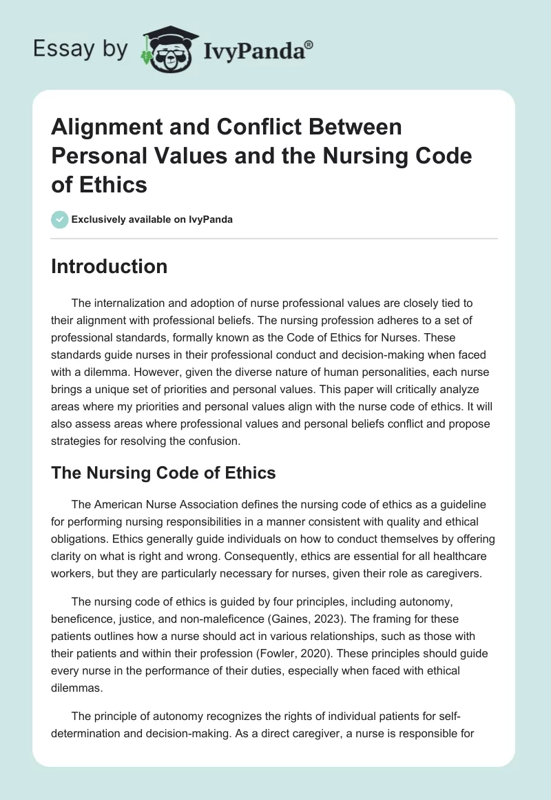 Alignment and Conflict Between Personal Values and the Nursing Code of Ethics. Page 1