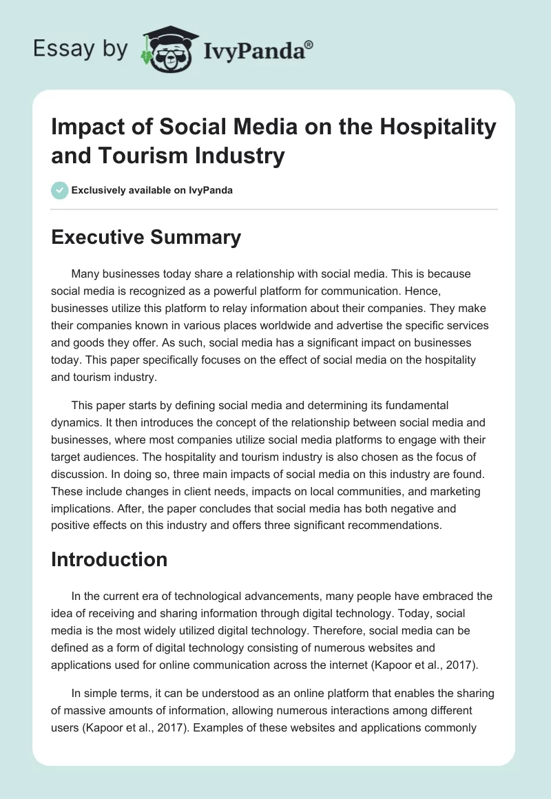 Impact of Social Media on the Hospitality and Tourism Industry. Page 1