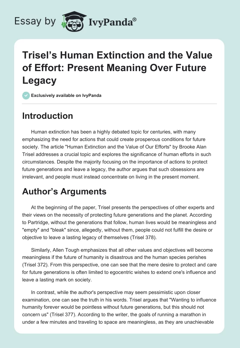 Trisel’s Human Extinction and the Value of Effort: Present Meaning Over Future Legacy. Page 1