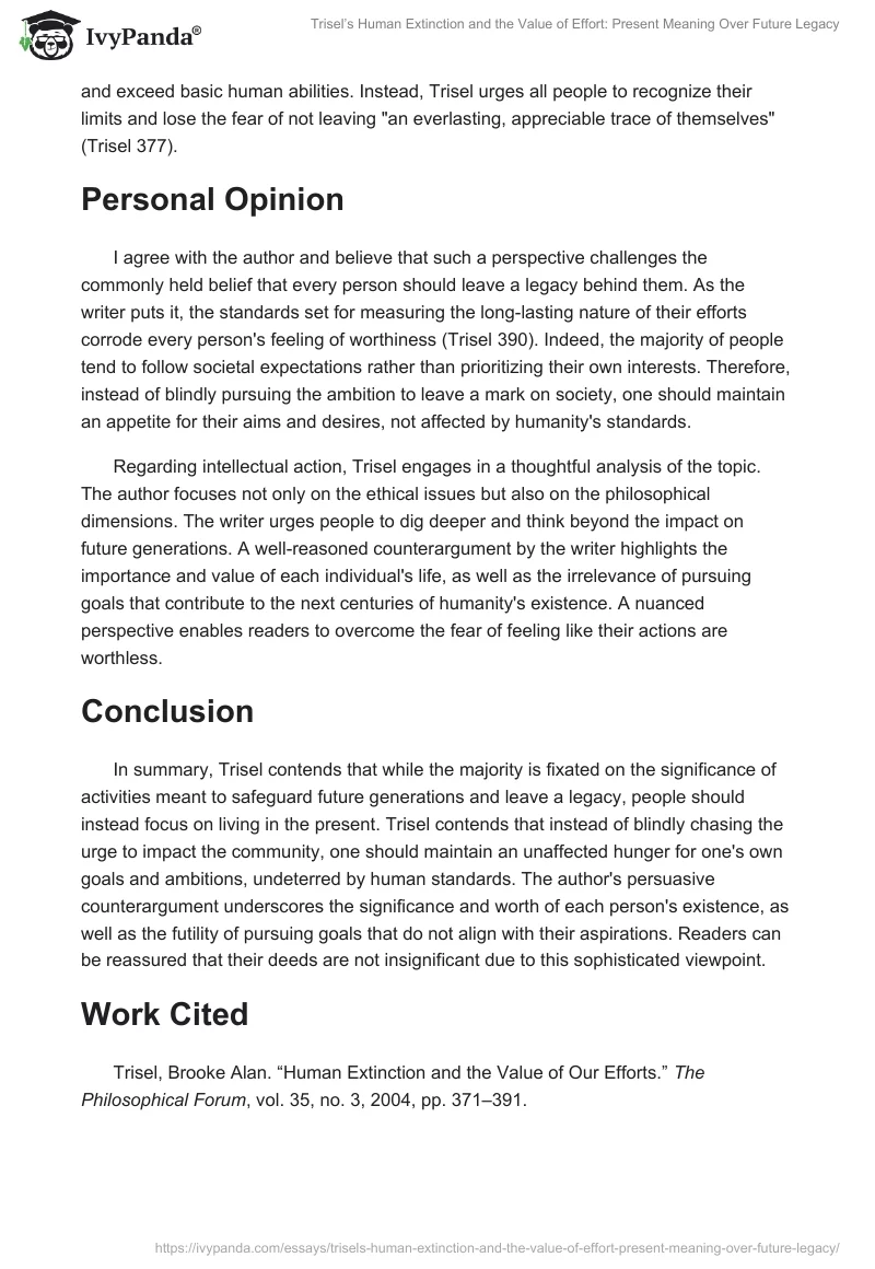 Trisel’s Human Extinction and the Value of Effort: Present Meaning Over Future Legacy. Page 2