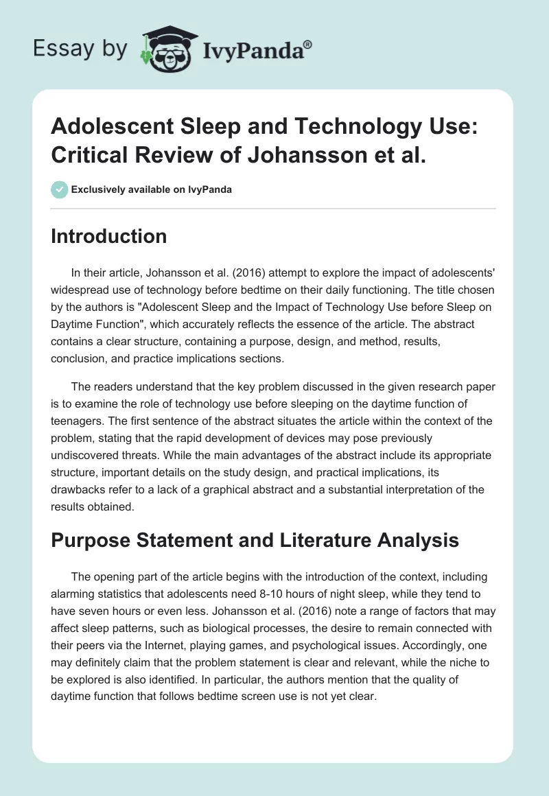 Adolescent Sleep and Technology Use: Critical Review of Johansson et al.. Page 1