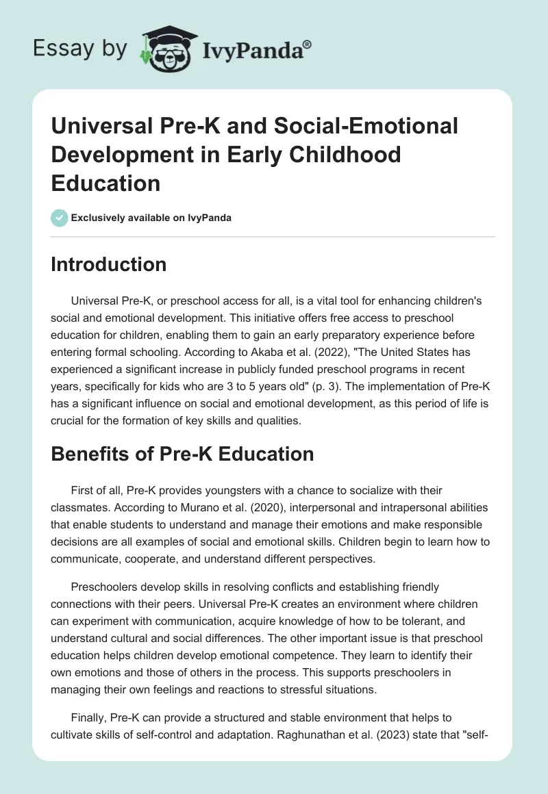Universal Pre-K and Social-Emotional Development in Early Childhood Education. Page 1