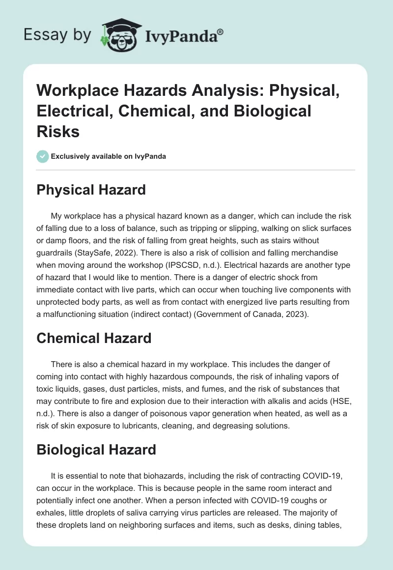 Workplace Hazards Analysis: Physical, Electrical, Chemical, and Biological Risks. Page 1