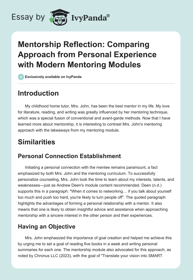 Mentorship Reflection: Comparing Approach from Personal Experience with Modern Mentoring Modules. Page 1