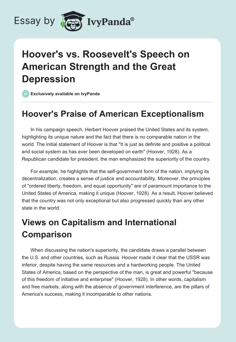 Hoover's vs. Roosevelt's Speech on American Strength and the Great Depression. Page 1