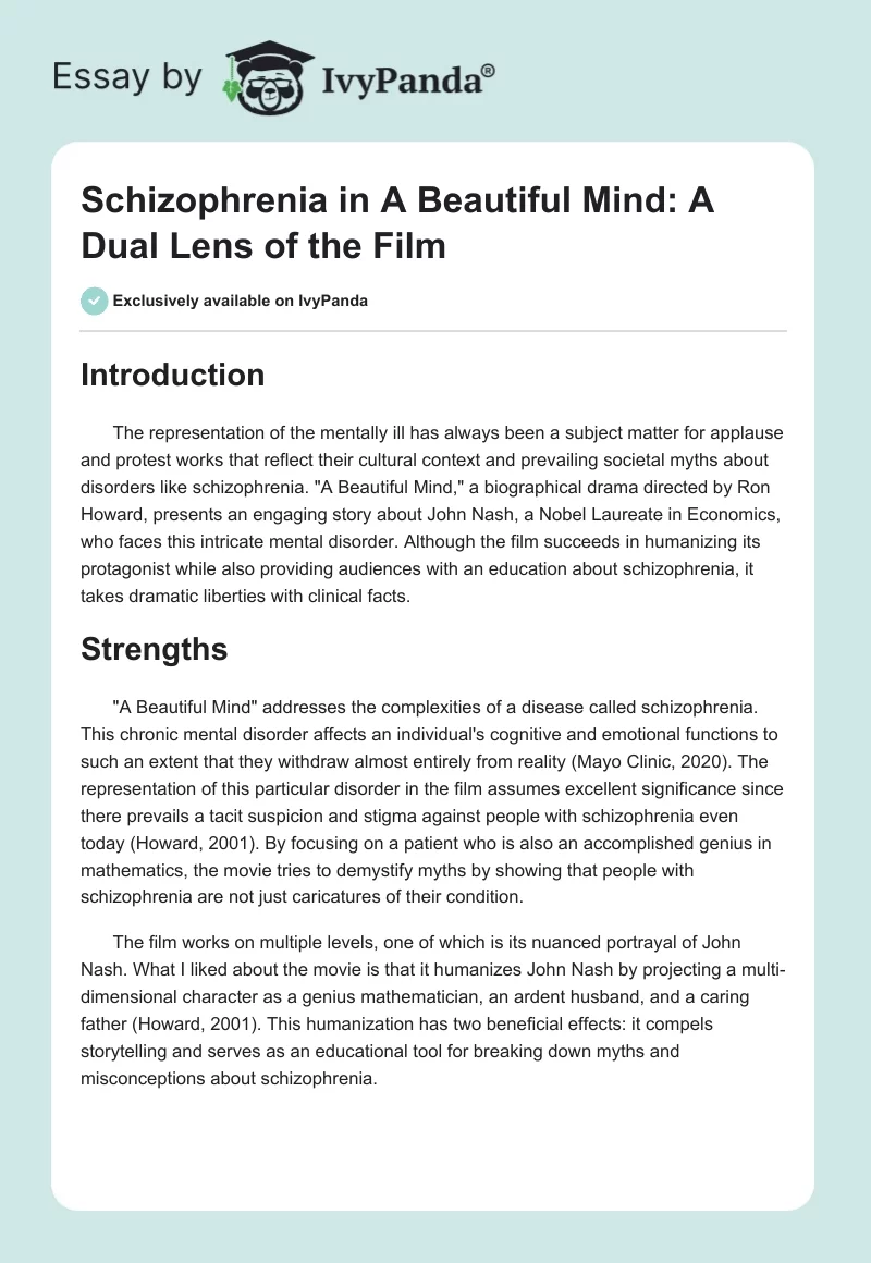 Schizophrenia in "A Beautiful Mind": A Dual Lens of the Film. Page 1