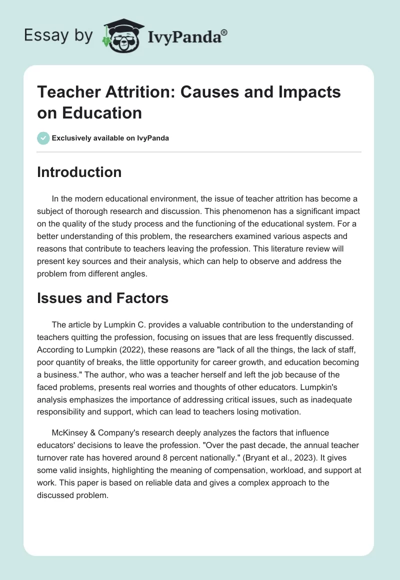 Teacher Attrition: Causes and Impacts on Education. Page 1