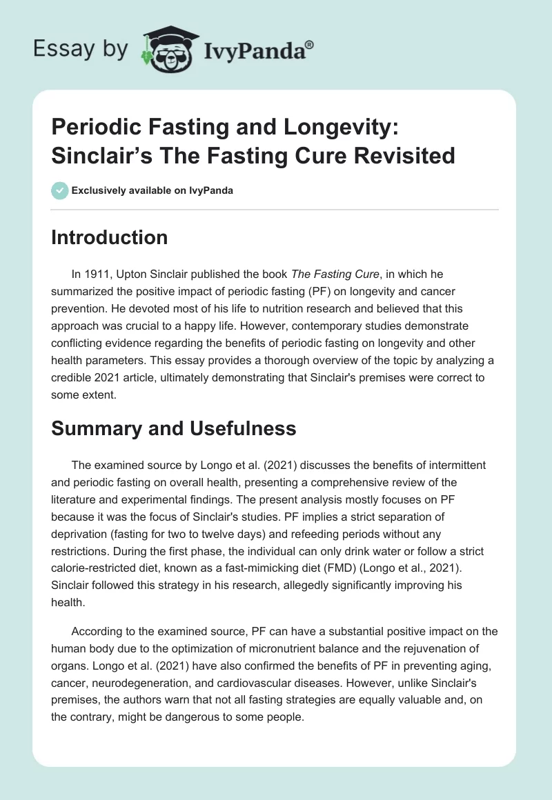 Periodic Fasting and Longevity: Sinclair’s "The Fasting Cure" Revisited. Page 1