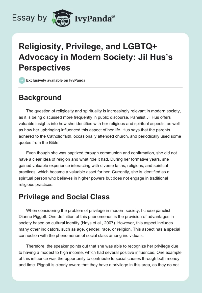 Religiosity, Privilege, and LGBTQ+ Advocacy in Modern Society: Jil Hus’s Perspectives. Page 1