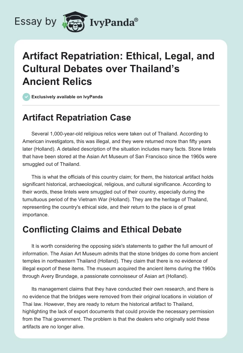 Artifact Repatriation: Ethical, Legal, and Cultural Debates over Thailand’s Ancient Relics. Page 1