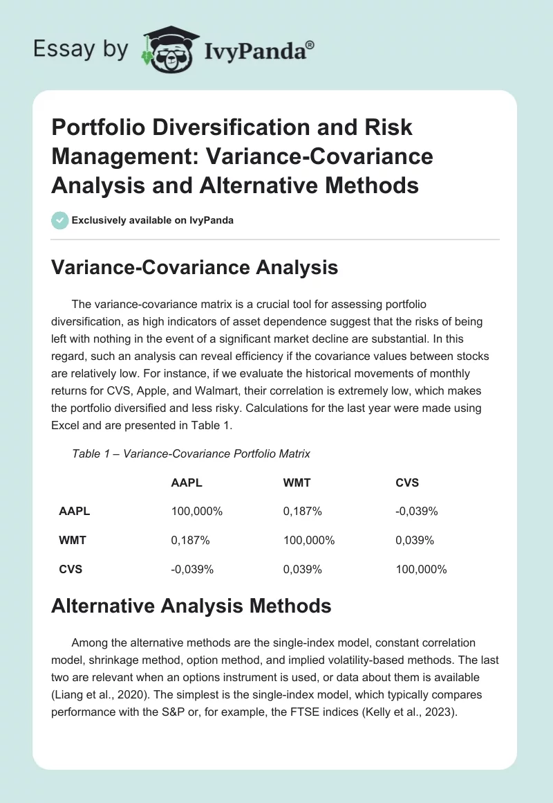 Portfolio Diversification and Risk Management: Variance-Covariance Analysis and Alternative Methods. Page 1
