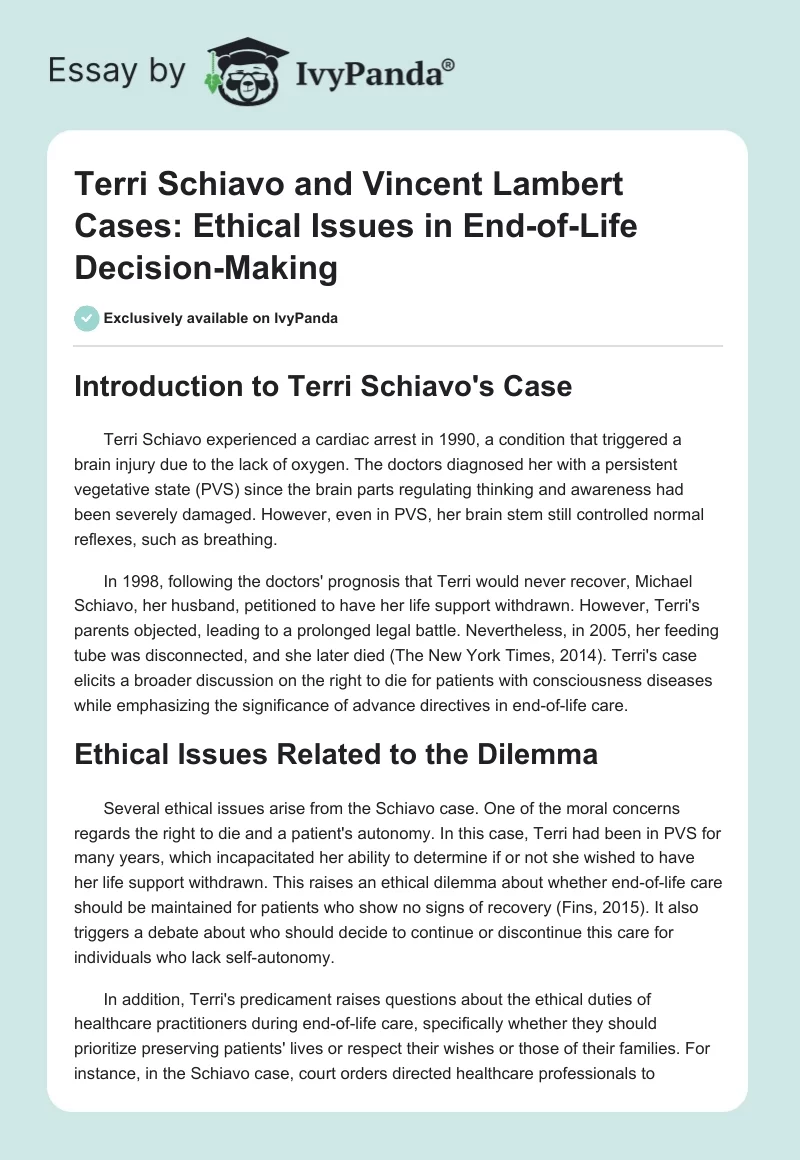 Terri Schiavo and Vincent Lambert Cases: Ethical Issues in End-of-Life Decision-Making. Page 1