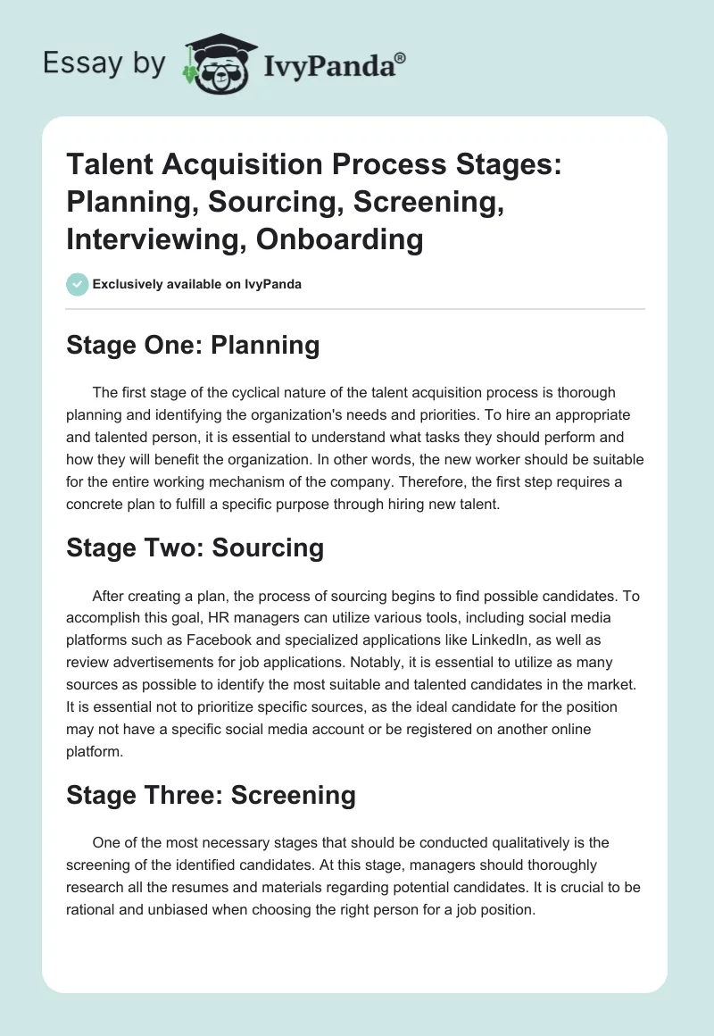 Talent Acquisition Process Stages: Planning, Sourcing, Screening, Interviewing, Onboarding. Page 1