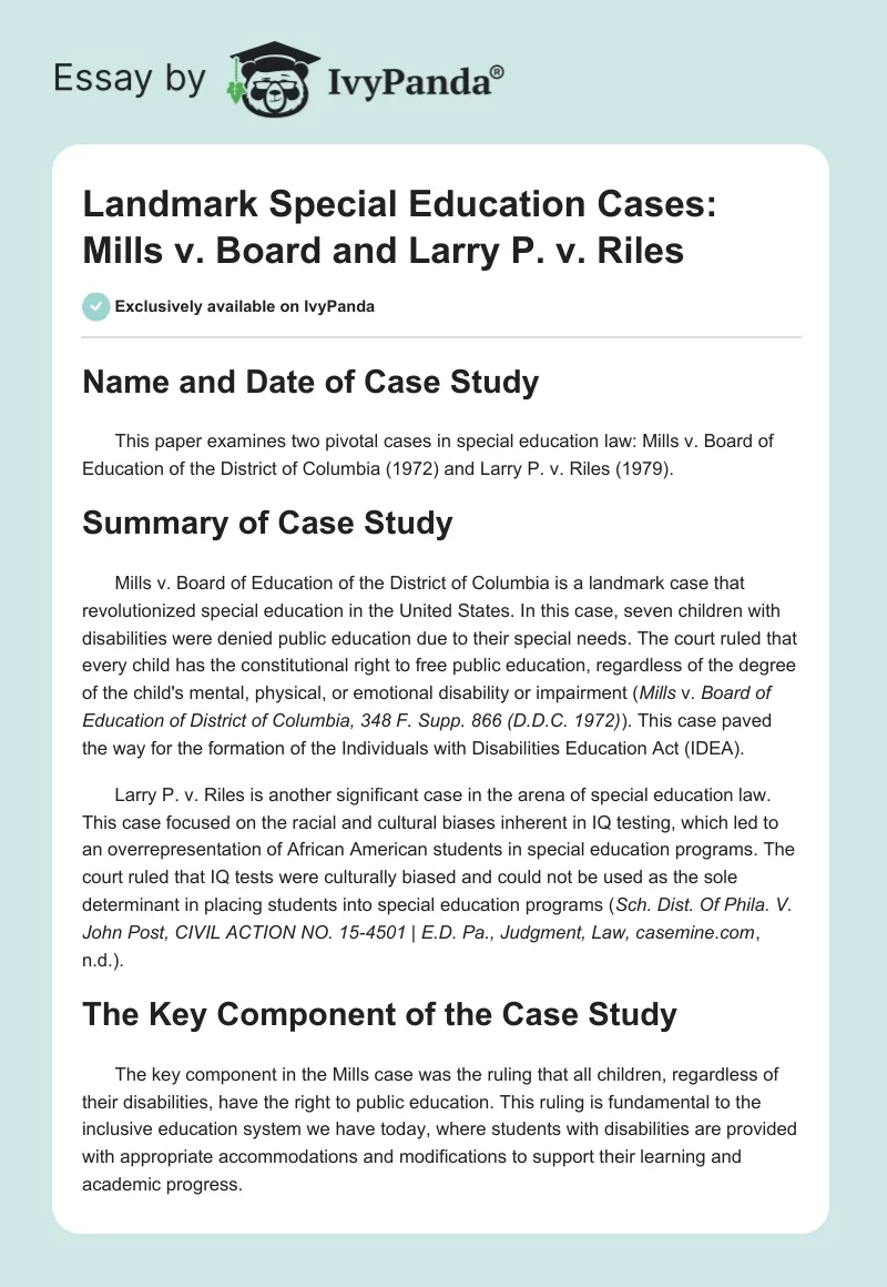 Landmark Special Education Cases: Mills v. Board and Larry P. v. Riles. Page 1
