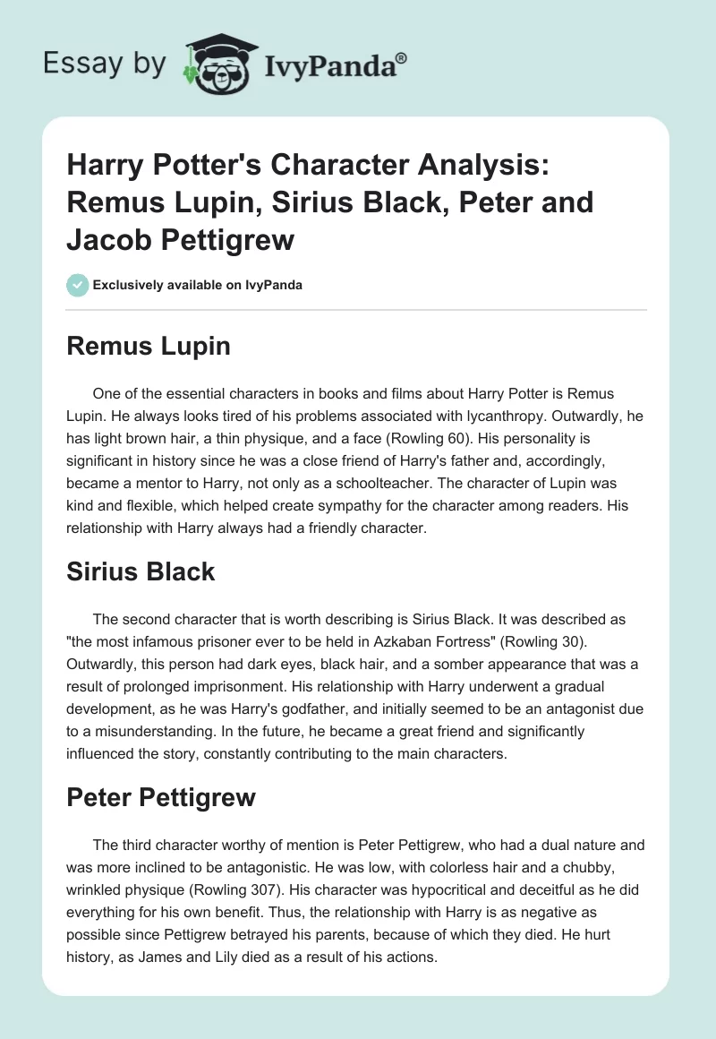 Harry Potter's Character Analysis: Remus Lupin, Sirius Black, Peter and Jacob Pettigrew. Page 1
