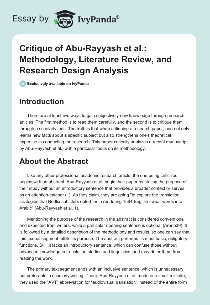 Critique of Abu-Rayyash et al.: Methodology, Literature Review, and Research Design Analysis. Page 1