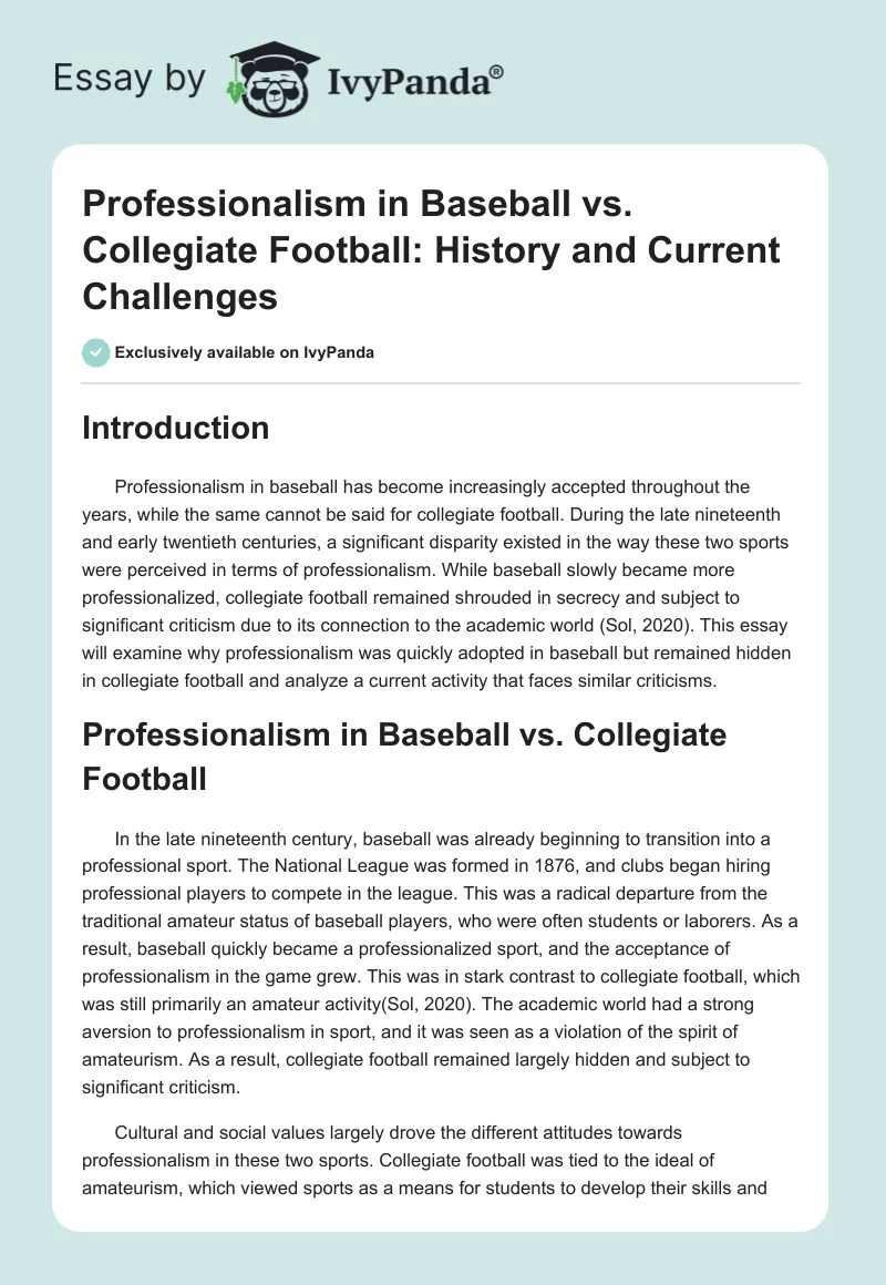 Professionalism in Baseball vs. Collegiate Football: History and Current Challenges. Page 1