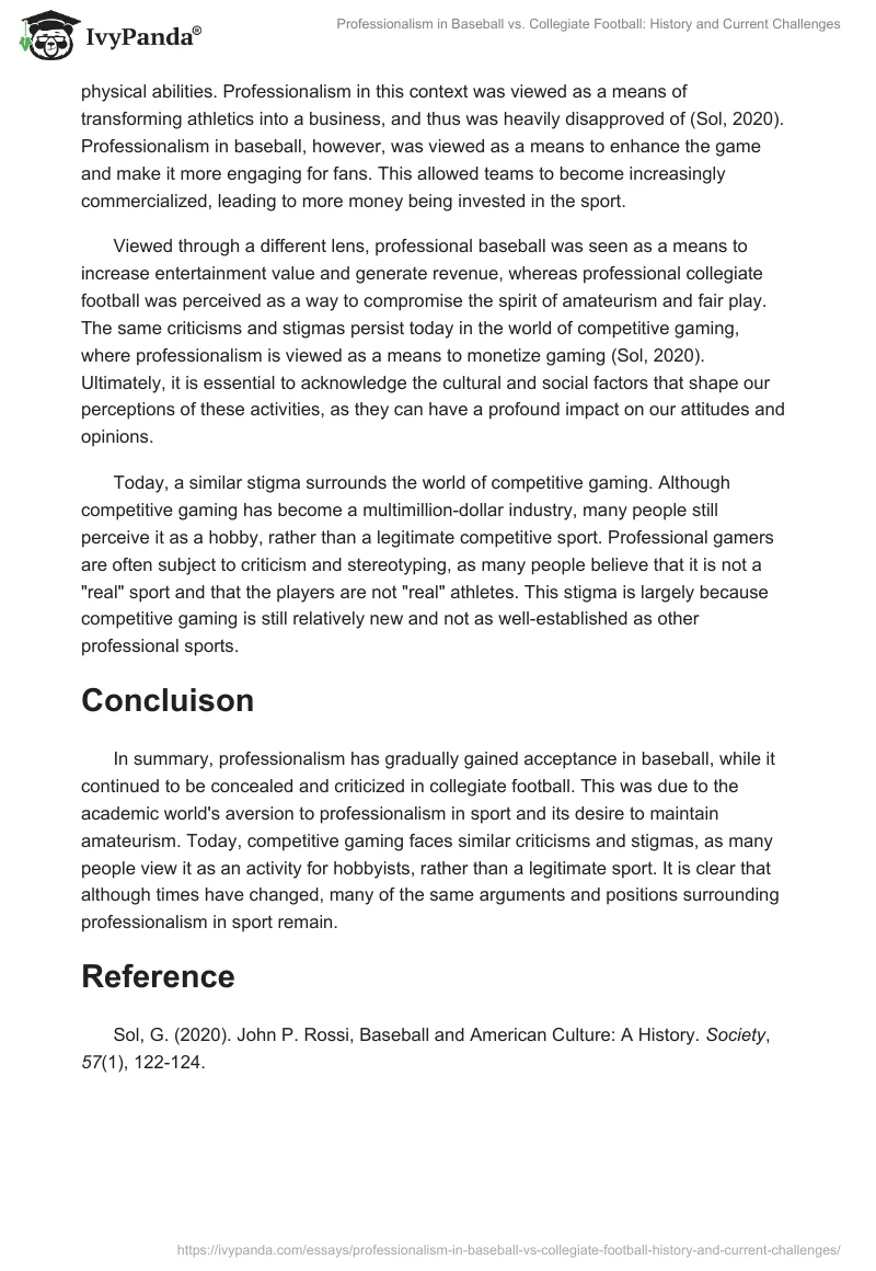 Professionalism in Baseball vs. Collegiate Football: History and Current Challenges. Page 2