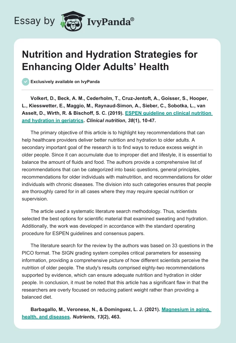 Nutrition and Hydration Strategies for Enhancing Older Adults’ Health. Page 1