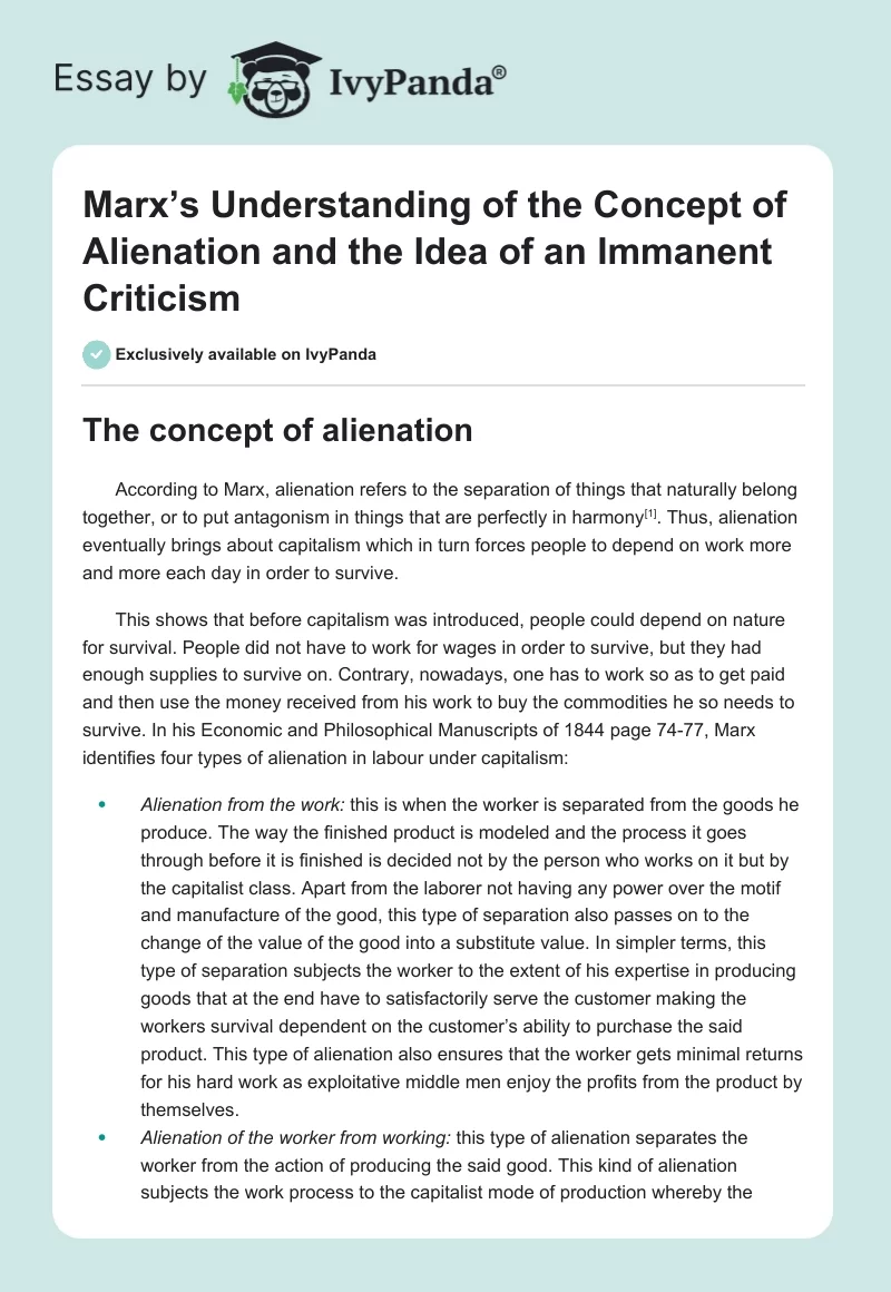 Marx’s Understanding of the Concept of Alienation and the Idea of an Immanent Criticism. Page 1
