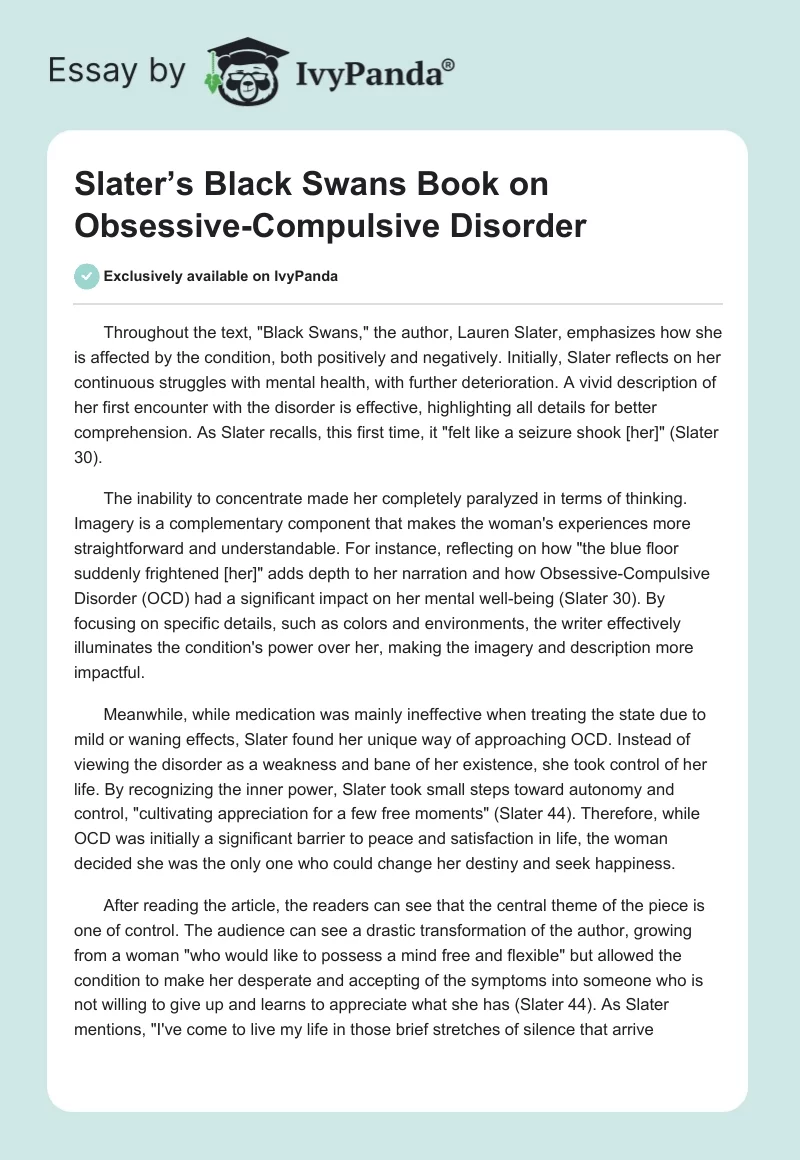 Slater’s Black Swans Book on Obsessive-Compulsive Disorder. Page 1