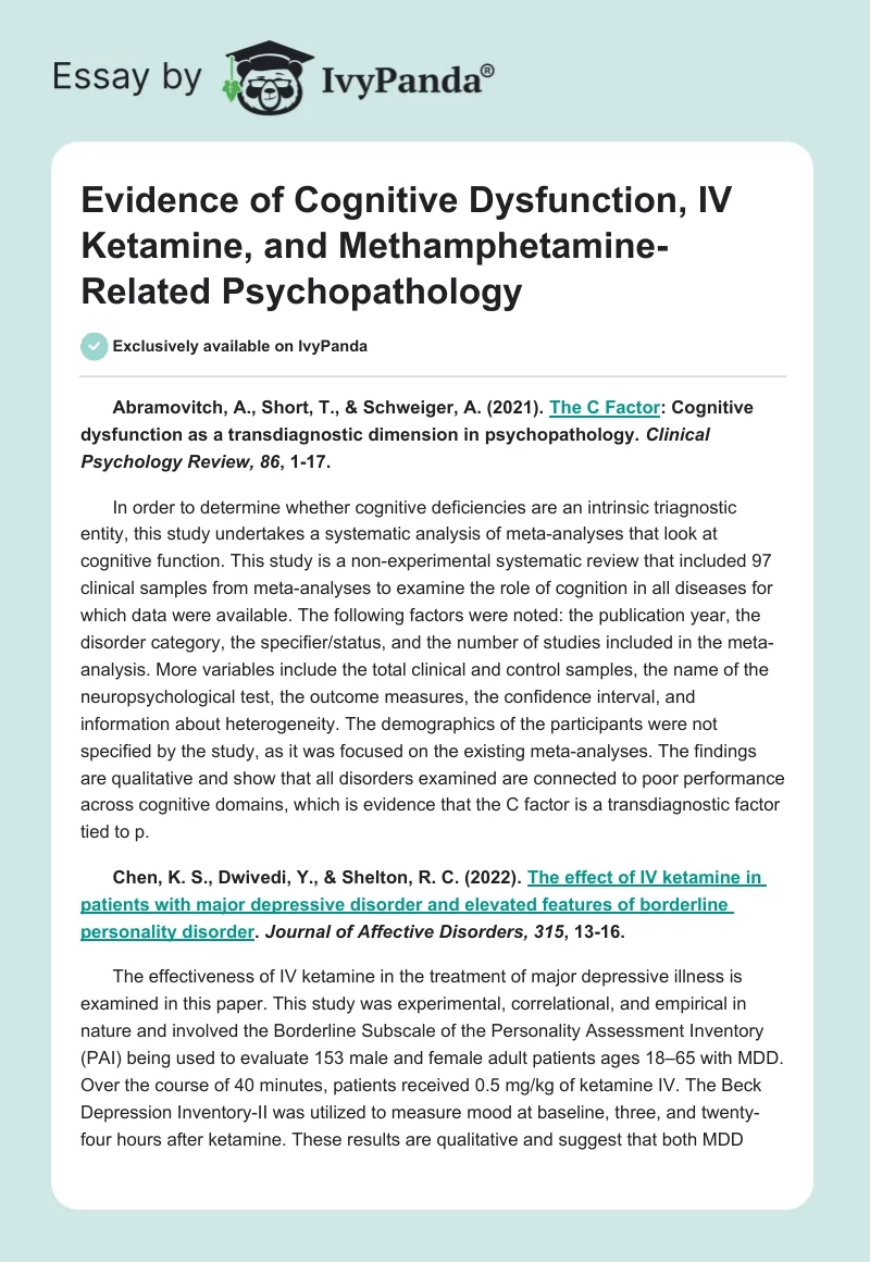 Evidence of Cognitive Dysfunction, IV Ketamine, and Methamphetamine-Related Psychopathology. Page 1