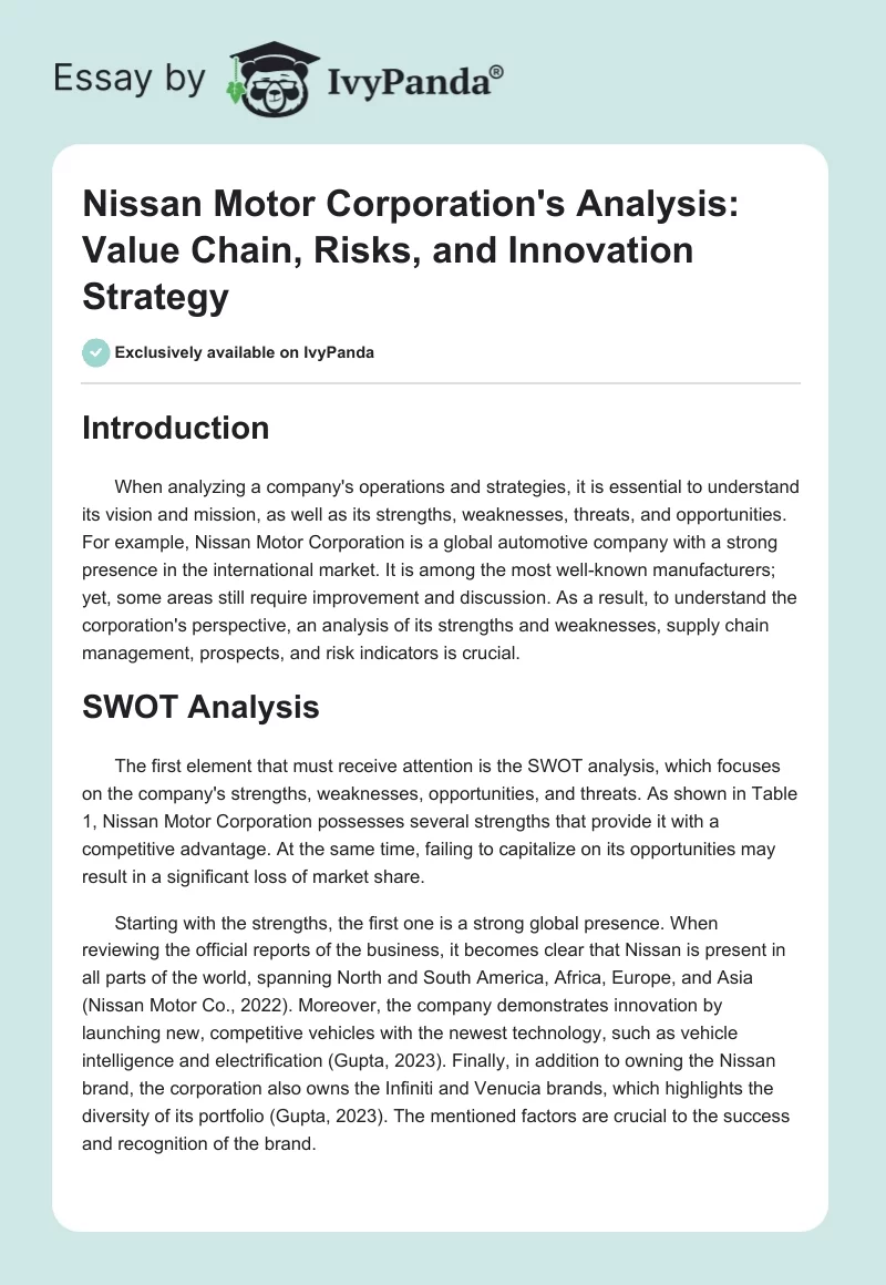 Nissan Motor Corporation's Analysis: Value Chain, Risks, and Innovation Strategy. Page 1