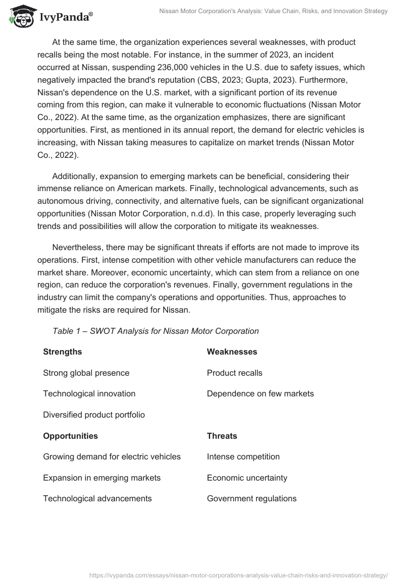 Nissan Motor Corporation's Analysis: Value Chain, Risks, and Innovation Strategy. Page 2