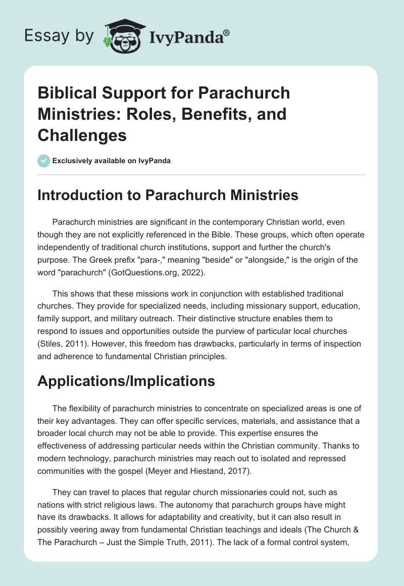 Biblical Support for Parachurch Ministries: Roles, Benefits, and Challenges. Page 1