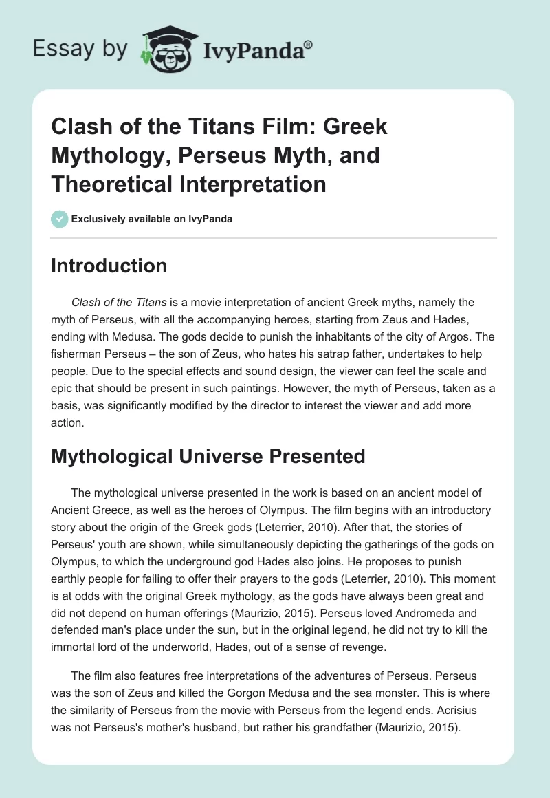 "Clash of the Titans" Film: Greek Mythology, Perseus Myth, and Theoretical Interpretation. Page 1