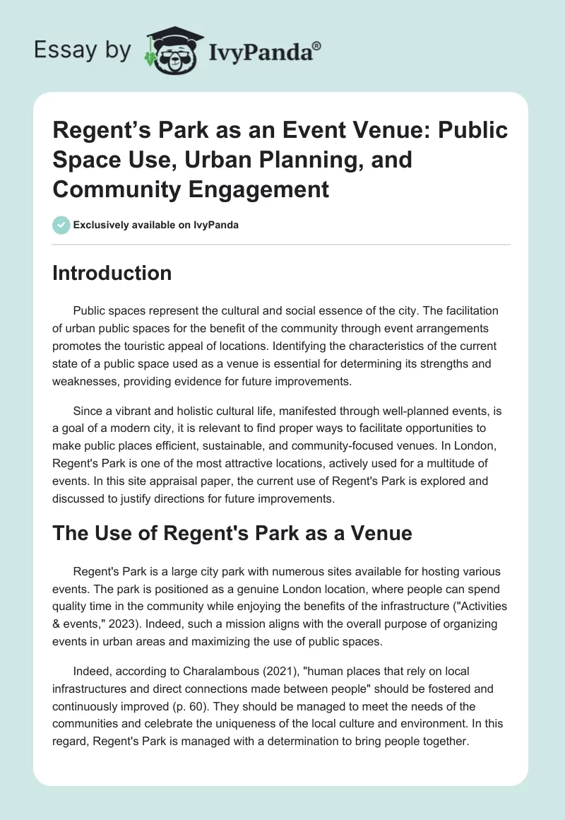 Regent’s Park as an Event Venue: Public Space Use, Urban Planning, and Community Engagement. Page 1