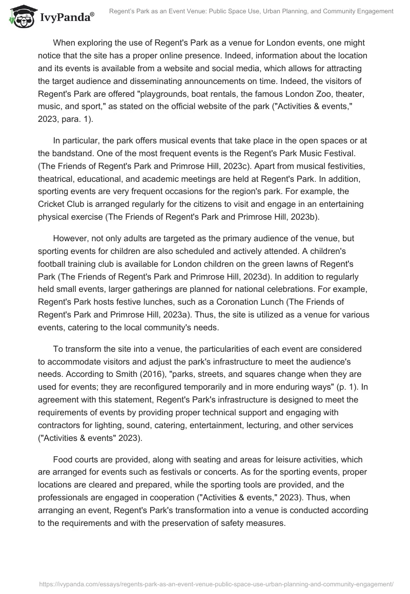 Regent’s Park as an Event Venue: Public Space Use, Urban Planning, and Community Engagement. Page 2