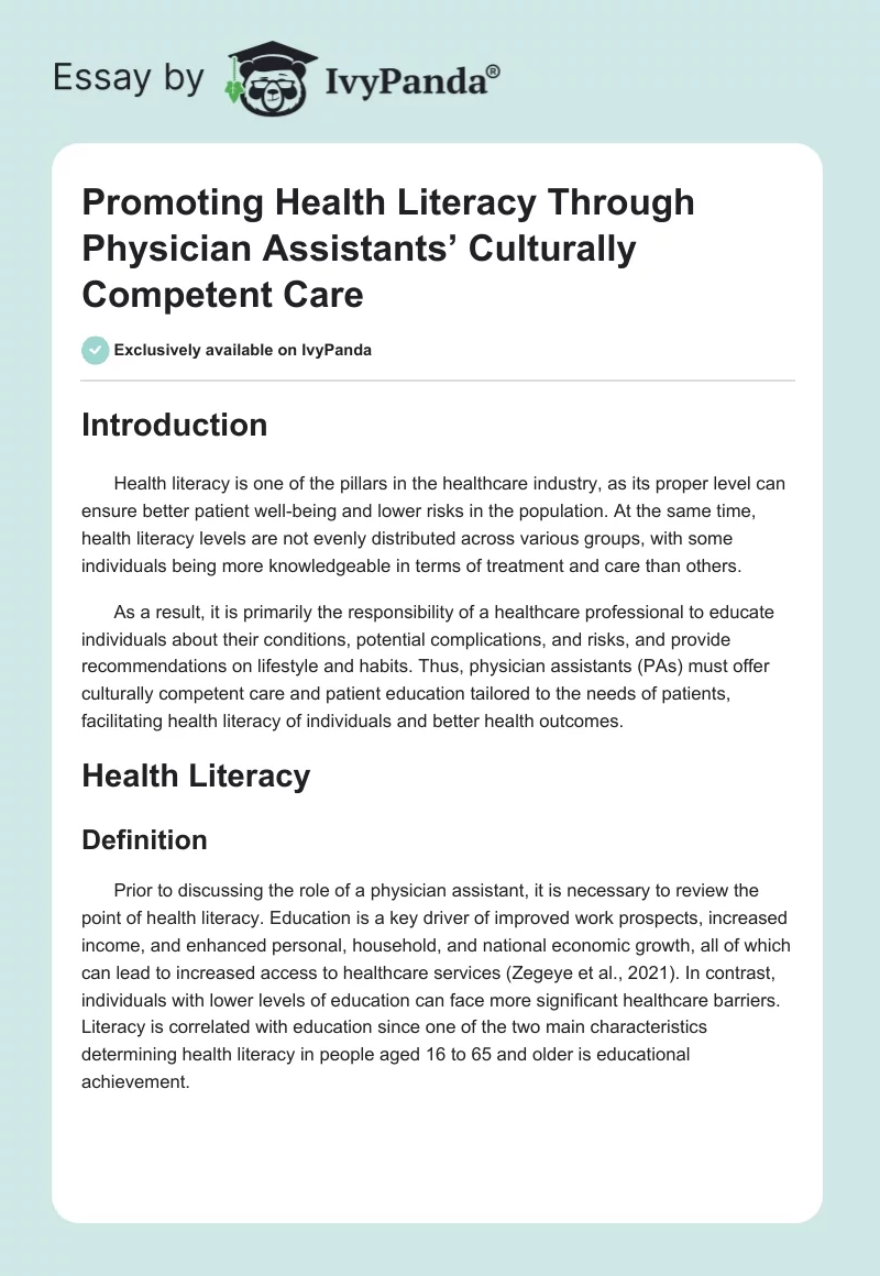 Promoting Health Literacy Through Physician Assistants’ Culturally Competent Care. Page 1