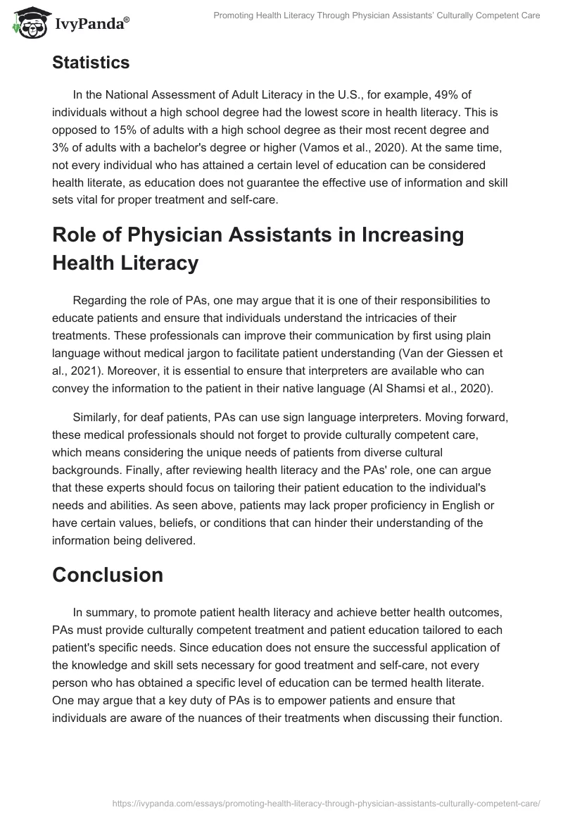 Promoting Health Literacy Through Physician Assistants’ Culturally Competent Care. Page 2