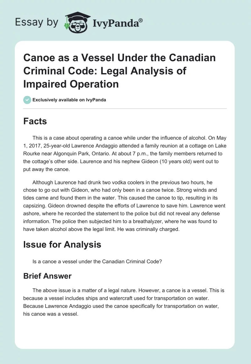 Canoe as a Vessel Under the Canadian Criminal Code: Legal Analysis of Impaired Operation. Page 1