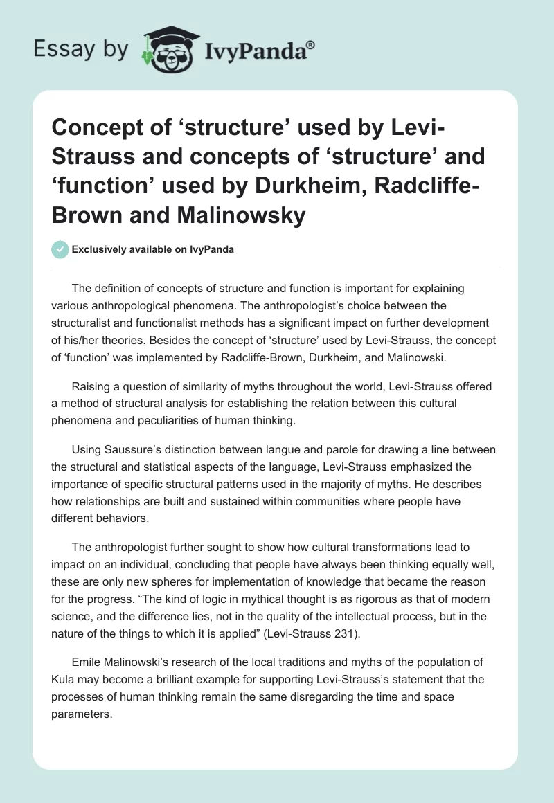 Concept of ‘structure’ used by Levi-Strauss and concepts of ‘structure’ and ‘function’ used by Durkheim, Radcliffe-Brown and Malinowsky. Page 1