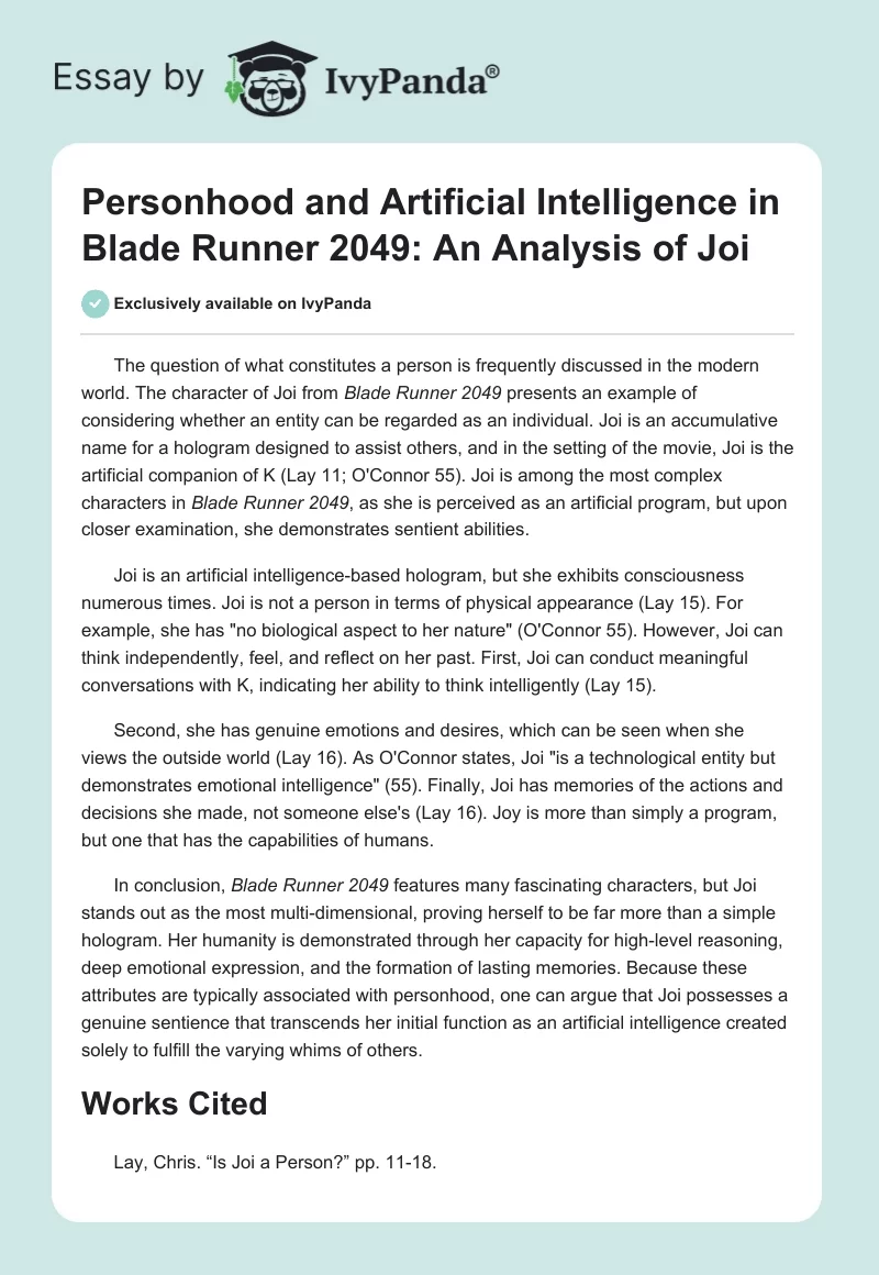 Personhood and Artificial Intelligence in "Blade Runner 2049": An Analysis of Joi. Page 1