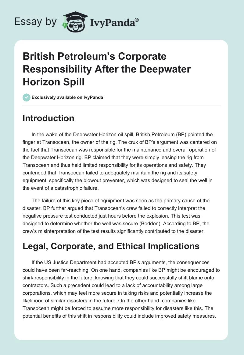 British Petroleum's Corporate Responsibility After the Deepwater Horizon Spill. Page 1