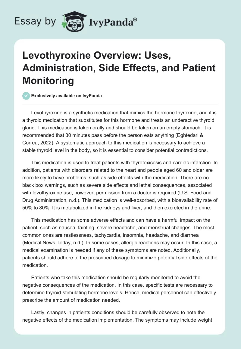 Levothyroxine Overview: Uses, Administration, Side Effects, and Patient Monitoring. Page 1