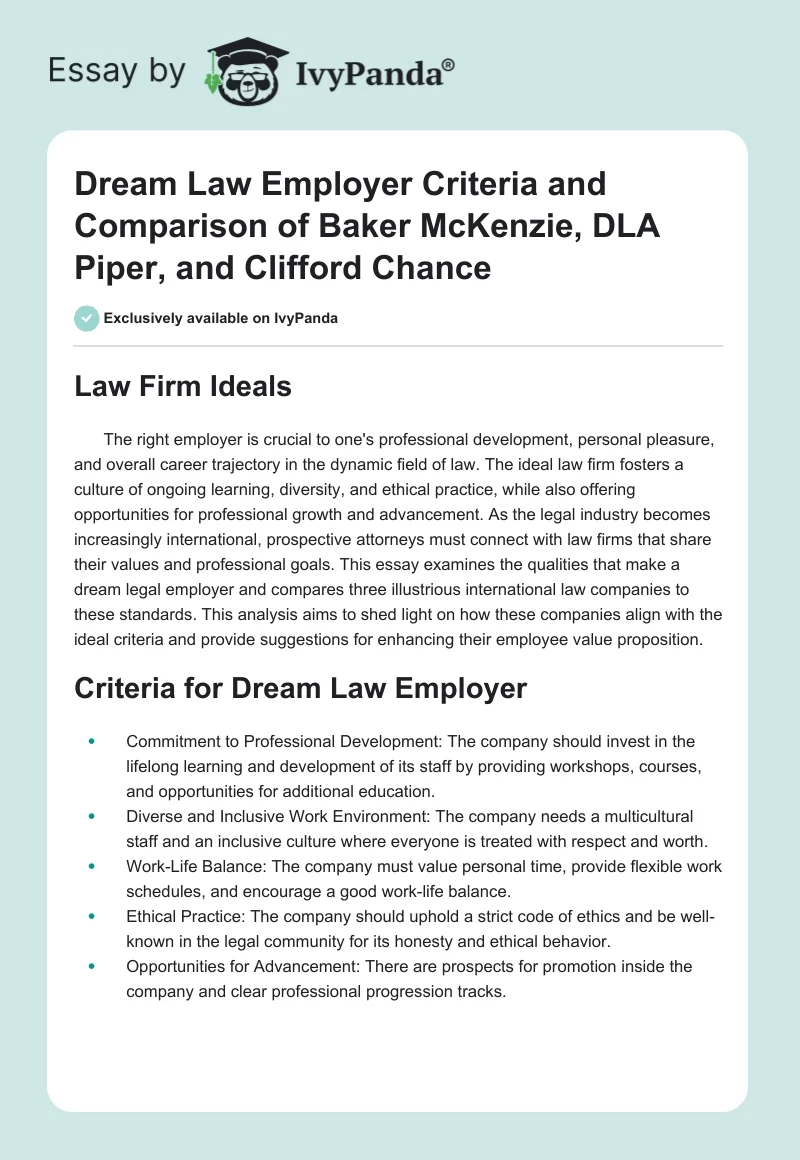 Dream Law Employer Criteria and Comparison of Baker McKenzie, DLA Piper, and Clifford Chance. Page 1