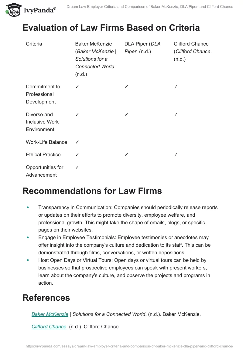 Dream Law Employer Criteria and Comparison of Baker McKenzie, DLA Piper, and Clifford Chance. Page 2