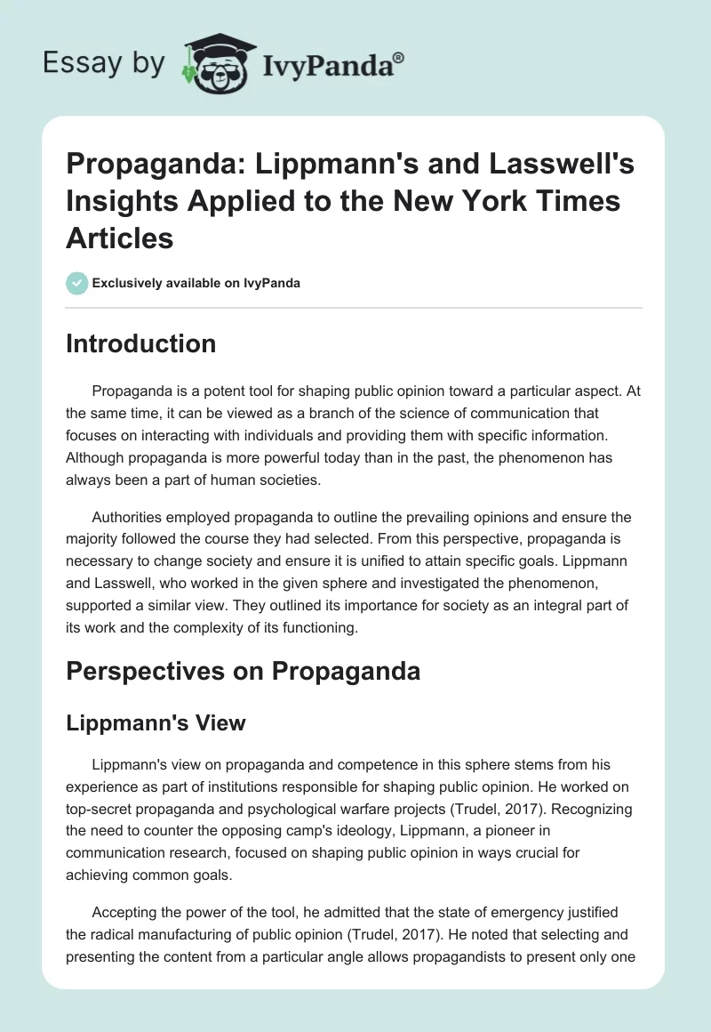Propaganda: Lippmann's and Lasswell's Insights Applied to the New York Times Articles. Page 1