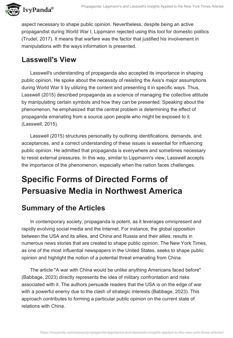 Propaganda: Lippmann's and Lasswell's Insights Applied to the New York Times Articles. Page 2