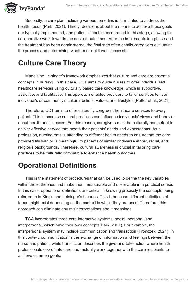 Nursing Theories in Practice: Goal Attainment Theory and Culture Care Theory Integration. Page 2