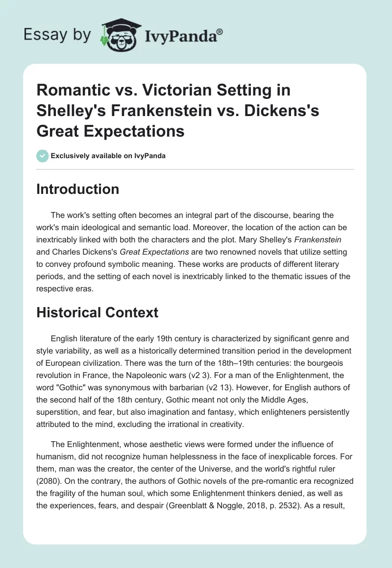 Romantic vs. Victorian Setting in Shelley's Frankenstein vs. Dickens's Great Expectations. Page 1