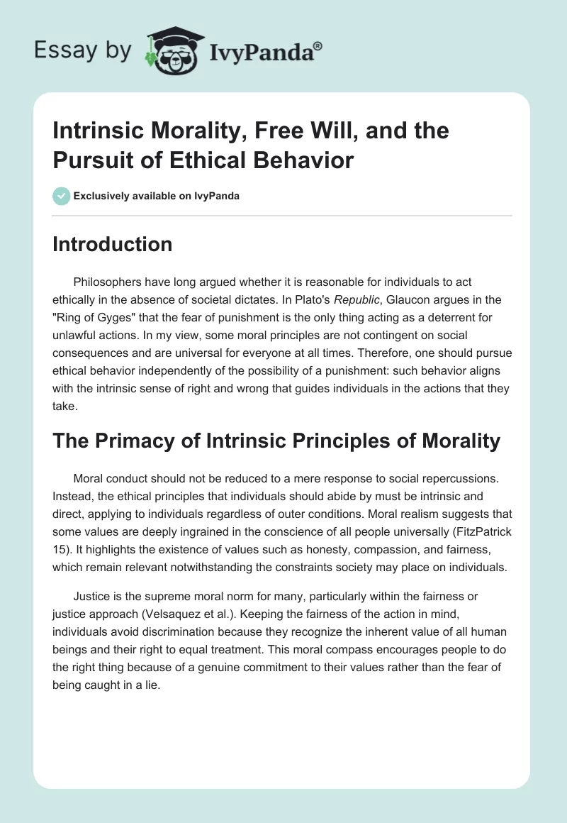 Intrinsic Morality, Free Will, and the Pursuit of Ethical Behavior. Page 1